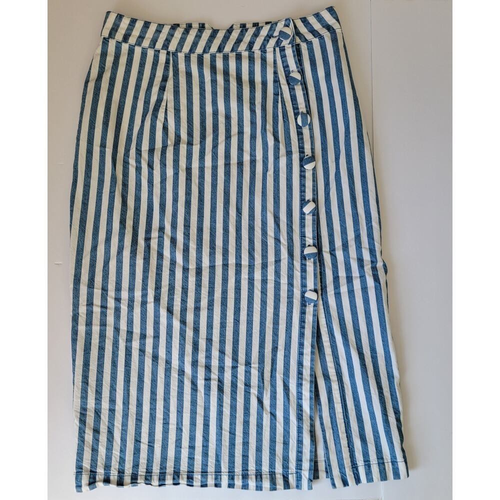 Forever 21 Contemporary Womens M Blue Striped Coastal Nautical Midi Skirt